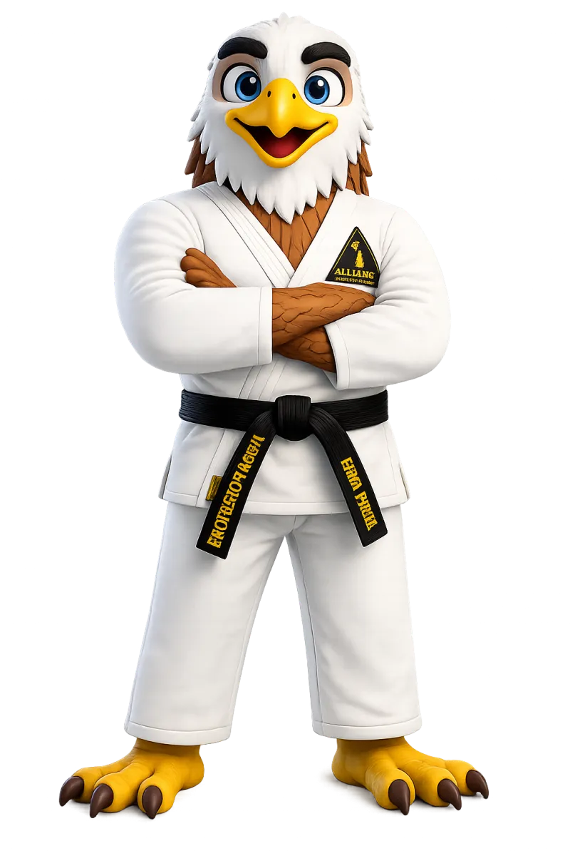 Professor Aguia, the Alliance Framingham mascot, with arms crossed