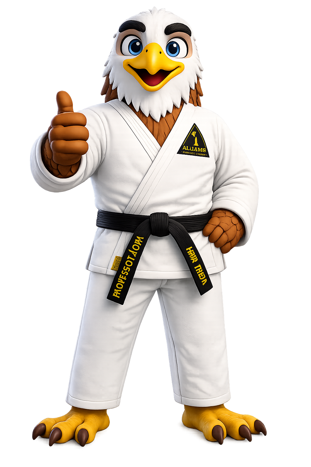 Professor Aguia, the Alliance eagle mascot in a white gi, giving a thumbs up