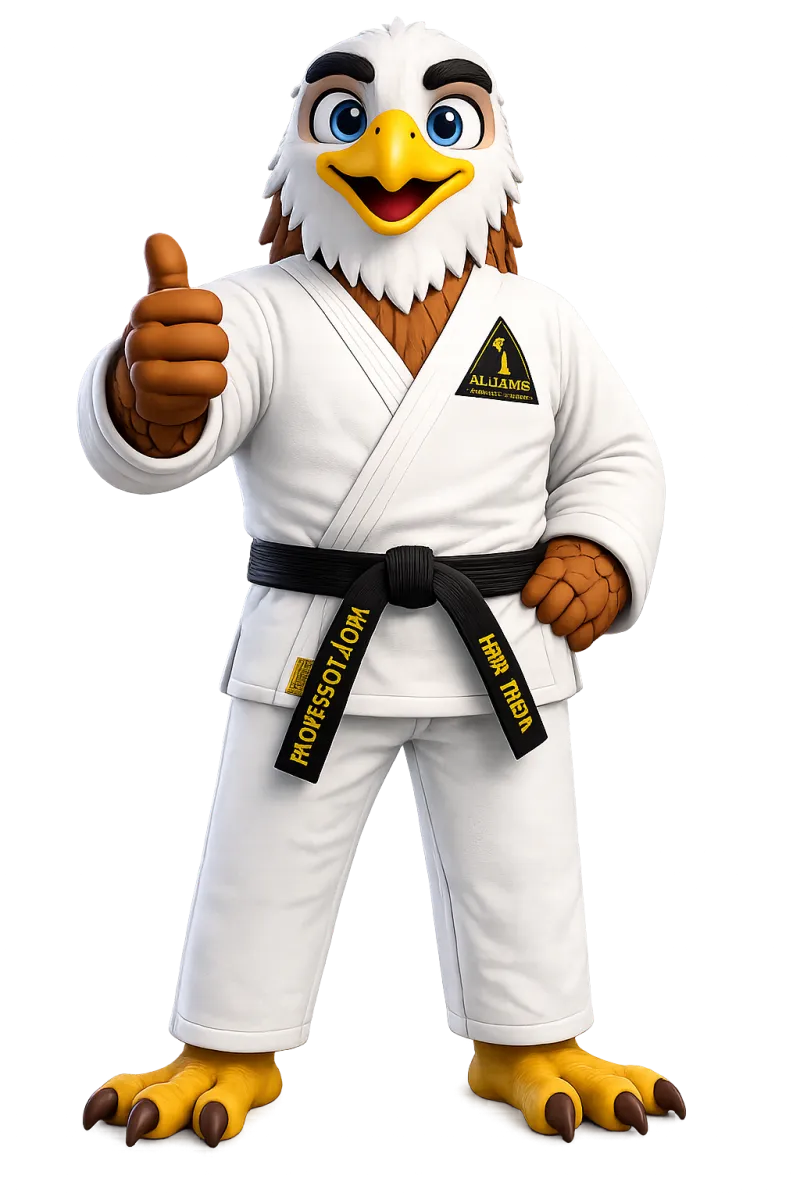 Professor Aguia, the Alliance eagle mascot in a white gi, giving a thumbs up